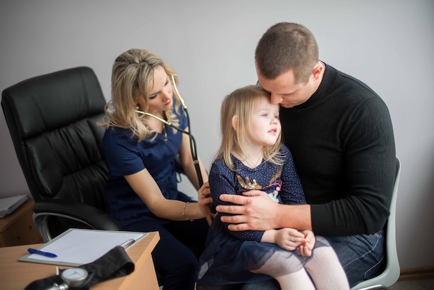 female doctor examining girl sitting with father hospital 1048944 1885059 1